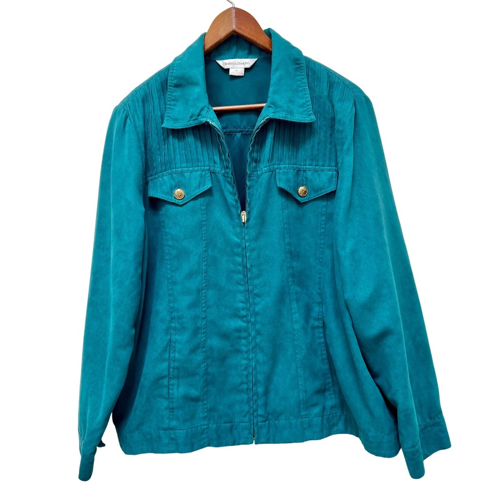 Drapers & Damons Teal Blue Pleated‎ Faux Suede Zip Up Jacket Women XL Vintage